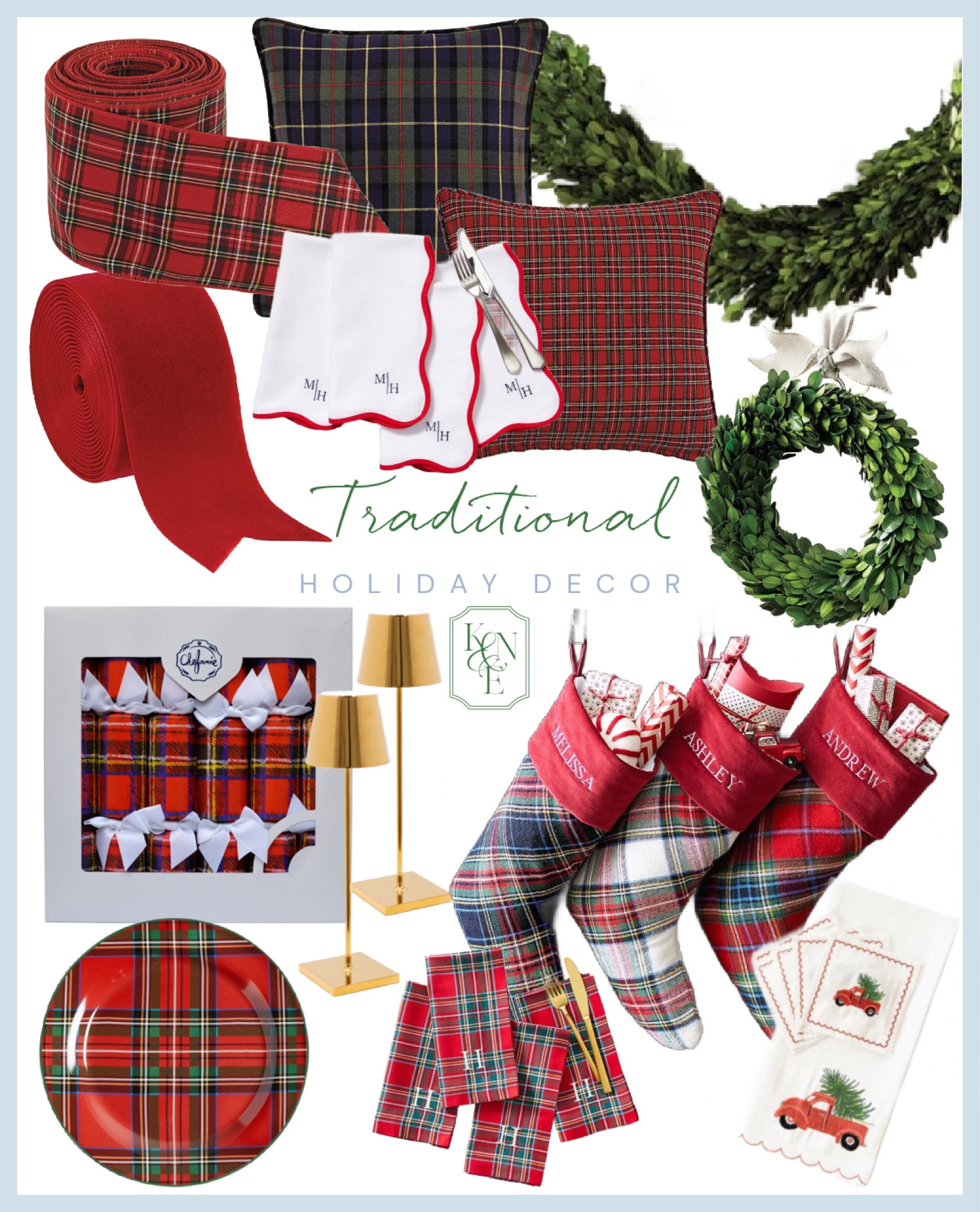Traditional Holiday Decor & Table Top Finds: plaid stockings, plaid ribbon, red velvet ribbon, plaid holiday crackers, dried boxwood garland, boxwood mini wreaths, plaid salad plates, plaid China, plaid napkins, dining tabletop lamps, holiday tea towel, plaid pillows

#LTKhome #LTKSeasonal #LTKHoliday