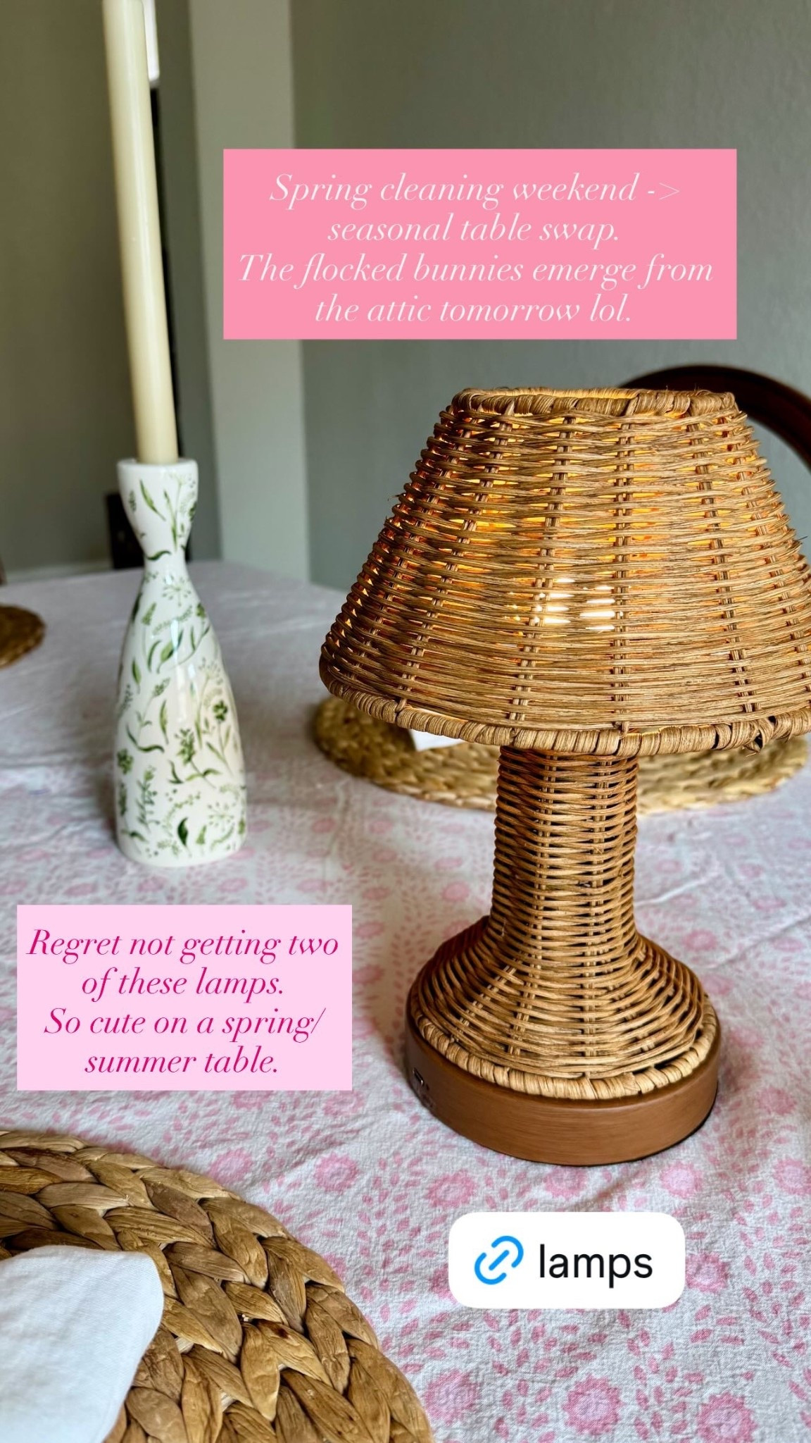 Spring cleaning weekend -> seasonal table swap. Regret not getting two of these rechargeable lamps from @Target 
So cute on a spring/summer table.

#LTKSeasonal #LTKHome