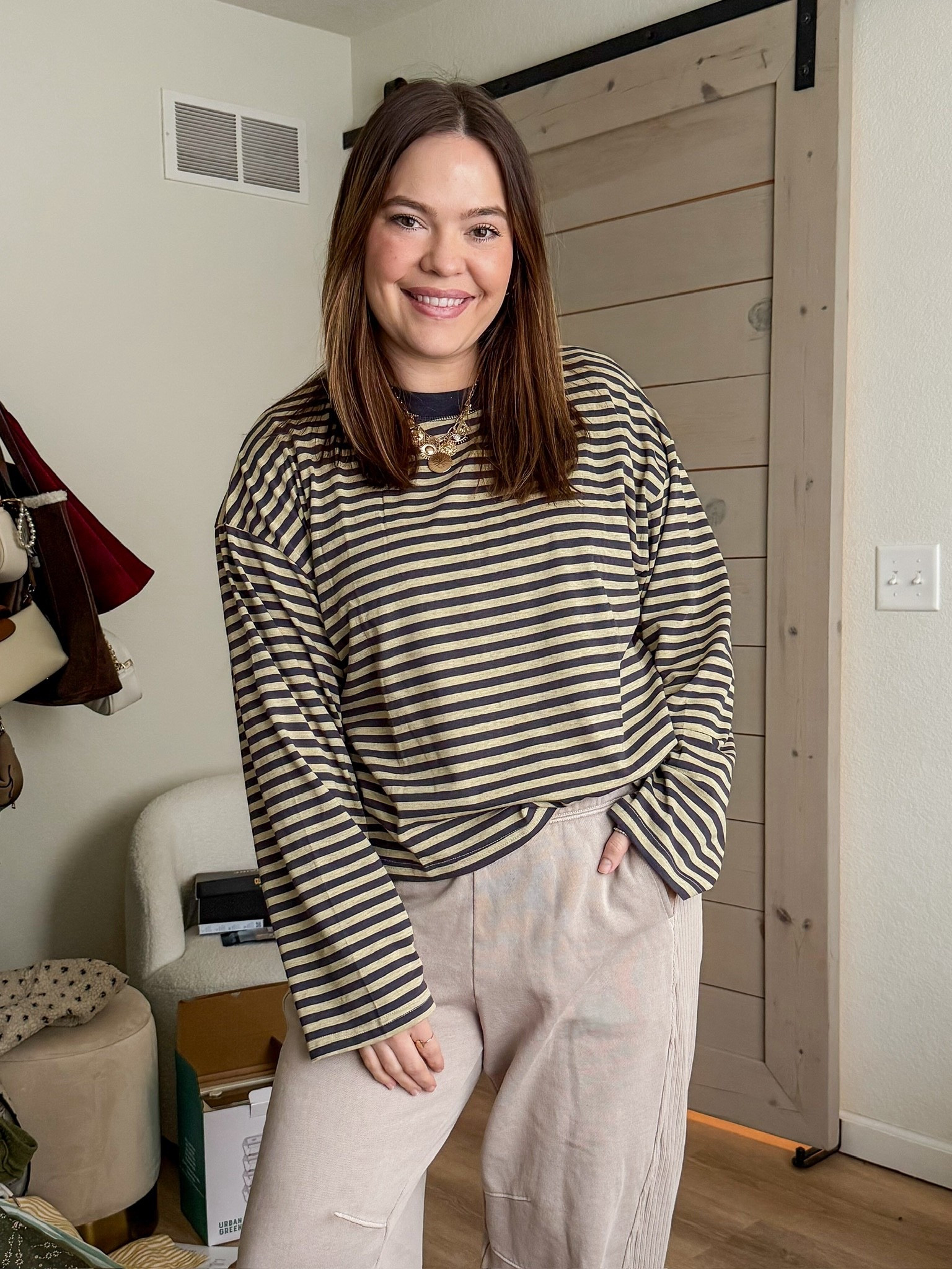 Striped crewneck with matching pants. Soft and comfy but still stylish.

#LTKMidsize #LTKOver40 #LTKootd