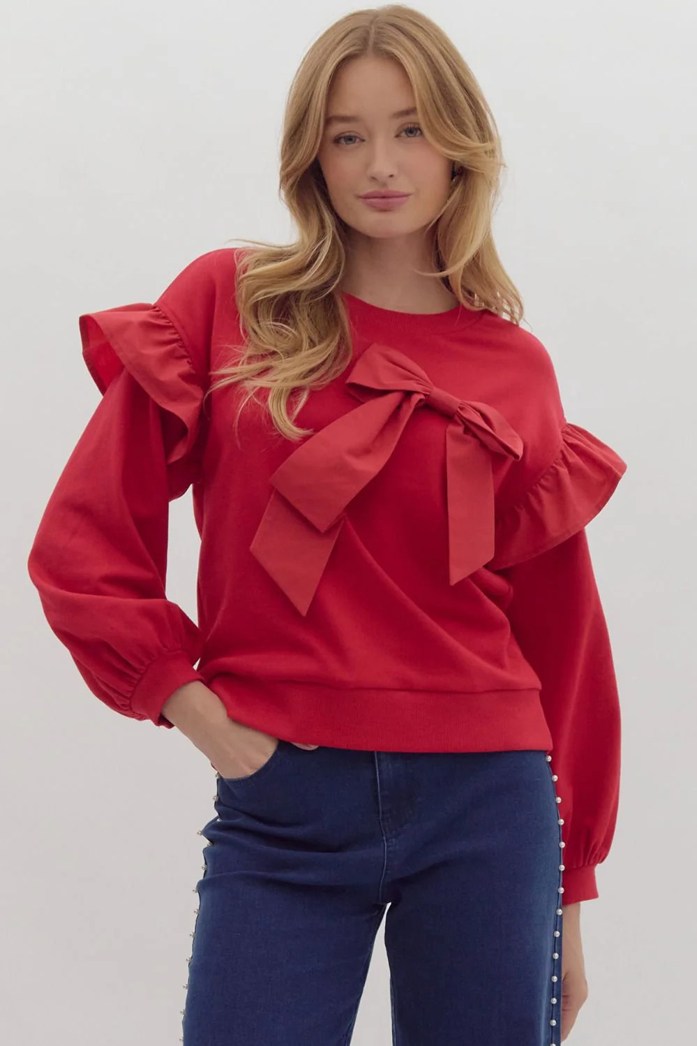 Alice Ruffle Sleeve Sweater With Bow - Red | Pink Creek