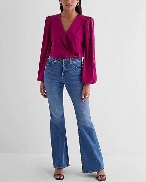 Satin Balloon Sleeve Faux Wrap Front Bodysuit | Express