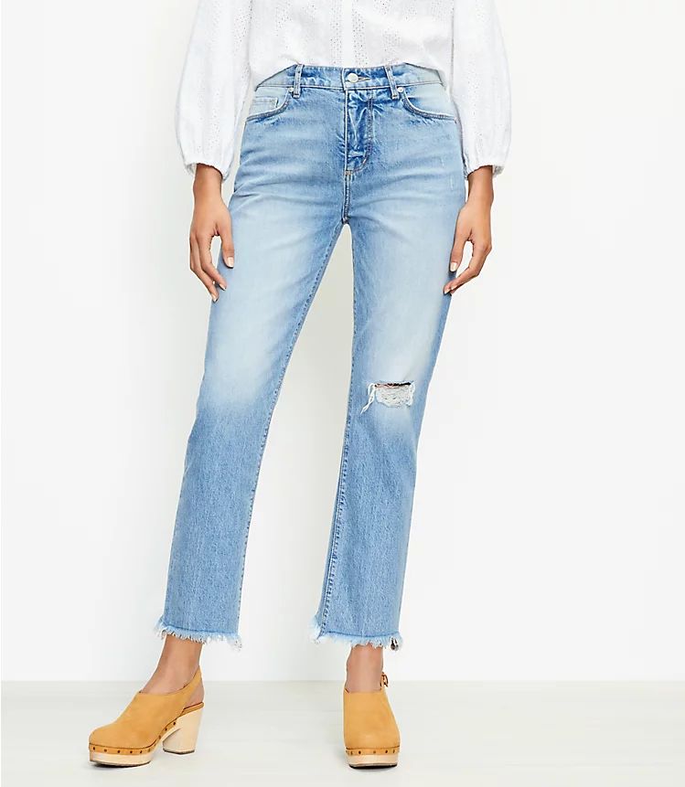 Curvy Frayed High Rise Straight Crop Jeans in Staple Dark Indigo Wash | LOFT