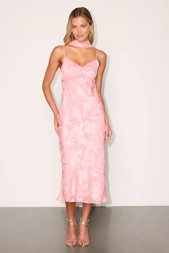 Aydah Pink Floral Burnout Slip Midi Dress and Scarf Set | Lulus