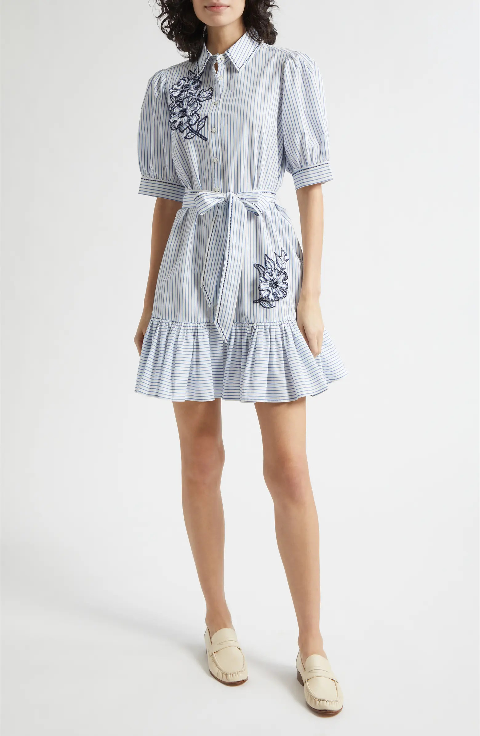 Zadie Floral Appliqué Stripe Cotton Blend Shirtdress | Nordstrom
