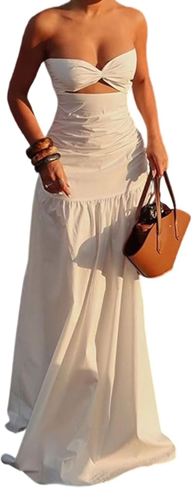 LROSEY 2025 Summer Beach Strapless Maxi Dress Cut Out Tube Long Dresses for Women Wedding Guest | Amazon (US)
