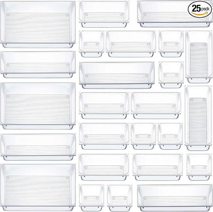 25 Pcs Drawer Organizer Set Dresser Desk Drawer Dividers - 4 Size Bathroom Vanity Cosmetic Makeup... | Amazon (US)