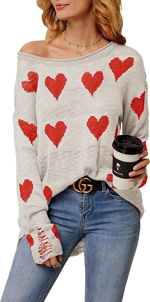 Chang Yun Women Off Shoulder Knitted Pullovers Sweater Loose Long Sleeve Hearts Printed Ripped Tops | Amazon (US)