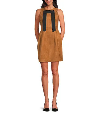 Faux Suede Bow Front Round Neck Sleeveless A-Line Mini Dress | Dillard's
