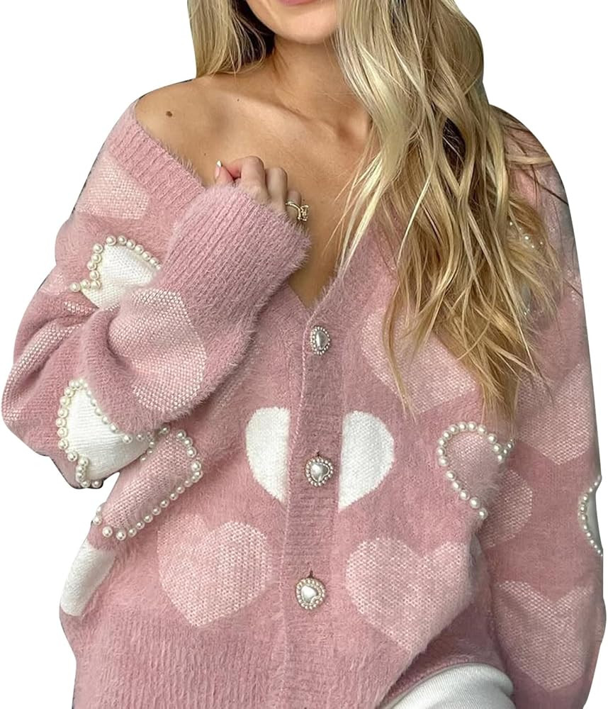CHICWISH Women Fuzzy Pearl Heart Knit Cardigan Romantic V Neck Button Long Sleeve Valentines Holi... | Amazon (US)