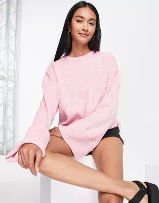 ASOS DESIGN crew neck jumper with turned back cuffs in pink | ASOS (Global)