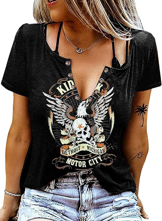 Vintage Rock Roll Concert T-Shirt Women Loose Casual Shirt Tops Funny Skeleton Eagle Graphics V N... | Amazon (US)
