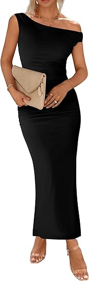 BTFBM 2025 Summer Wedding Guest Dresses for Women One Shoulder Bodycon Ruched Mesh Formal Cocktai... | Amazon (US)