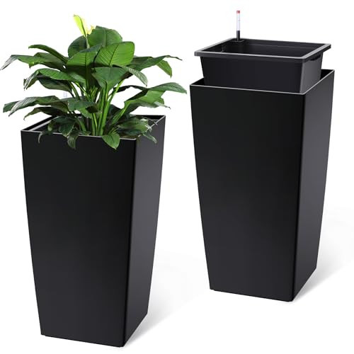 Garvee 30" Tall Planters Set of 2, Outdoor＆Indoor Black Planter Pots, High Front Porch Planter Pots with Drainage Holes＆Water Level Monitor＆Inner Bucket,Black | Amazon (US)