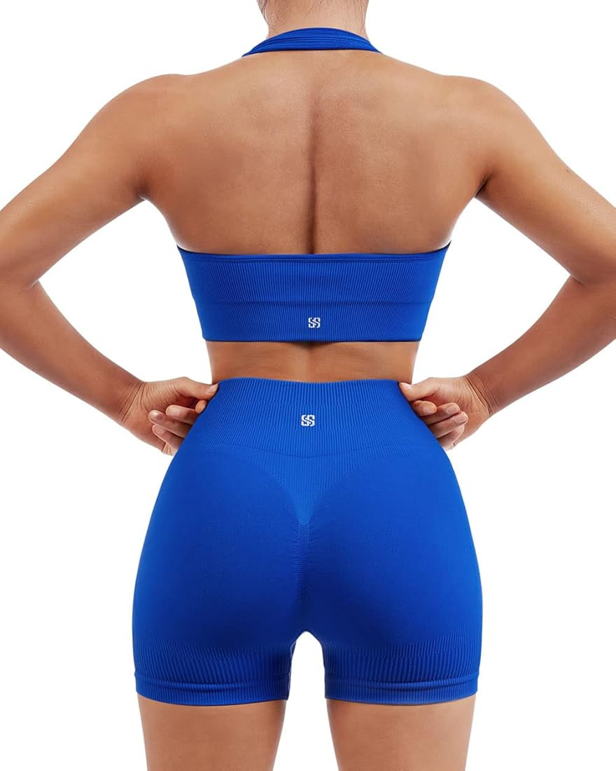 SUUKSESS Women Seamless Ribbed Workout Set Backless Sports Bra Booty Biker Short | Amazon (US)