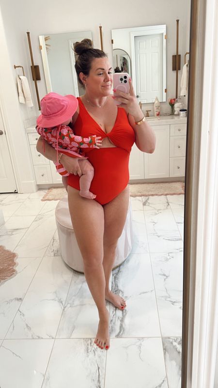 curvy red one piece swimsuit + baby girl strawberry two piece swimsuit with pink sun water hat! i’m wearing size xl in suit 

#LTKBaby #LTKMidsize #LTKSwim