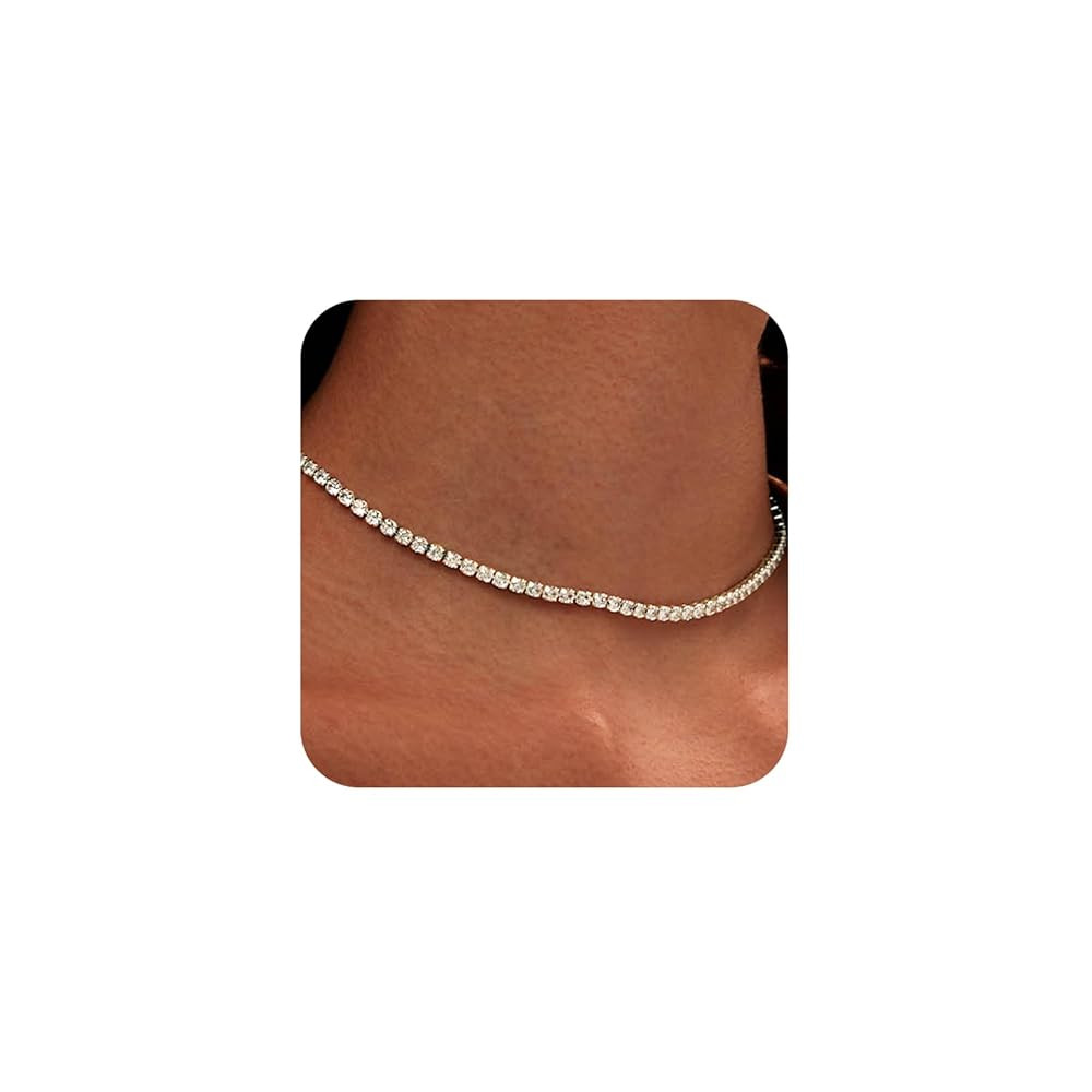 Tennis Necklace for Women 14K Gold Plated or Silver Rhinestone Choker Necklaces Dainty Zirconia C... | Amazon (US)