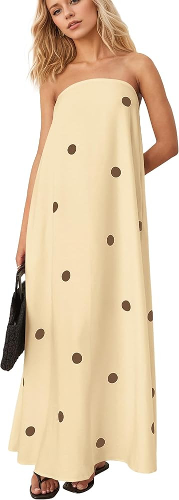 calbatic Women Polka Dot Strapless Maxi Dress Summer Flowy A Line Ruffle Backless Off Shoulder Lo... | Amazon (US)