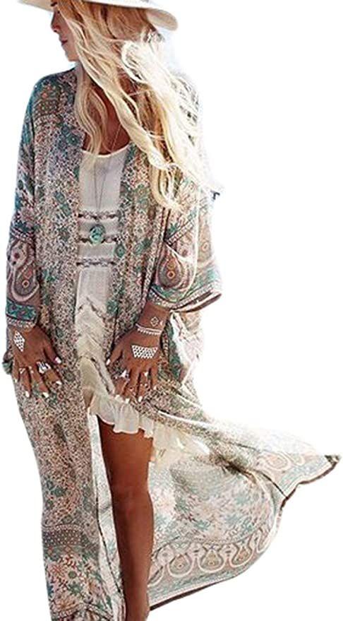 Bsubseach Womens Green Print Bathing Suit Swimsuit Cover Up Beachwear Open Front Kimono Cardigan ... | Amazon (US)