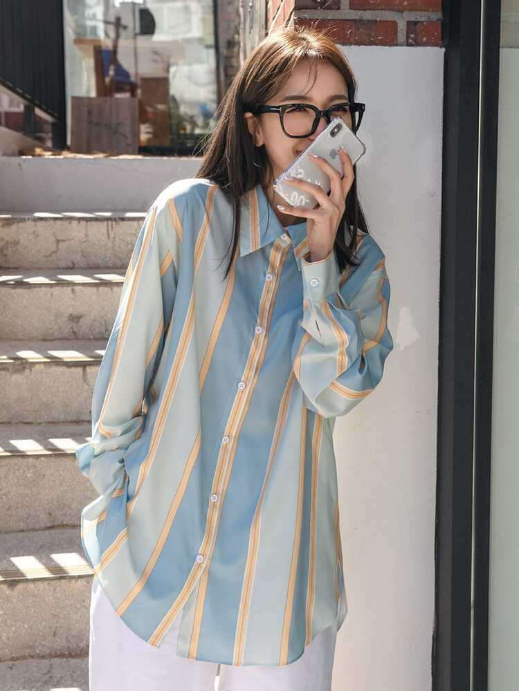 DAZY Striped Button Front Oversized Blouse | SHEIN