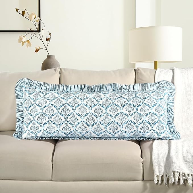 CPC Hand Block Print Indigo Regal Ruffle Sham Pillow Cover 36" x 14" inch Hidden Zipper Decorativ... | Amazon (US)