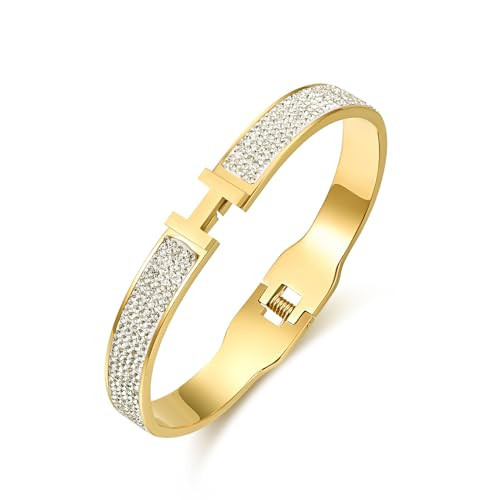 LeoYletc 18K Gold and Silver Plated Bangle Bracelet for Women Stainless Steel with Cubic Zirconia Womens Jewelry Gifts (18K Gold) | Amazon (US)