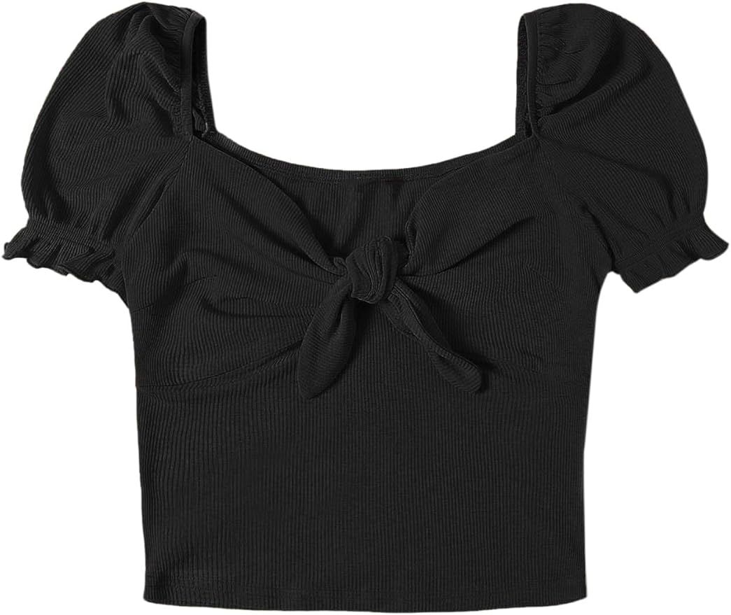 Romwe Women's Cute Rib Knit Ruffle Puff Short Sleeve Tie Knot Front Sweetheart Fitted Crop Tee To... | Amazon (US)