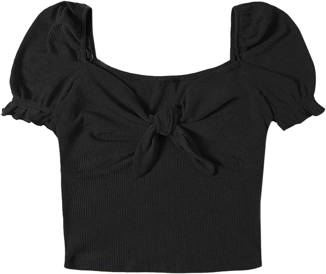 Romwe Women's Cute Rib Knit Ruffle Puff Short Sleeve Tie Knot Front Sweetheart Fitted Crop Tee To... | Amazon (US)