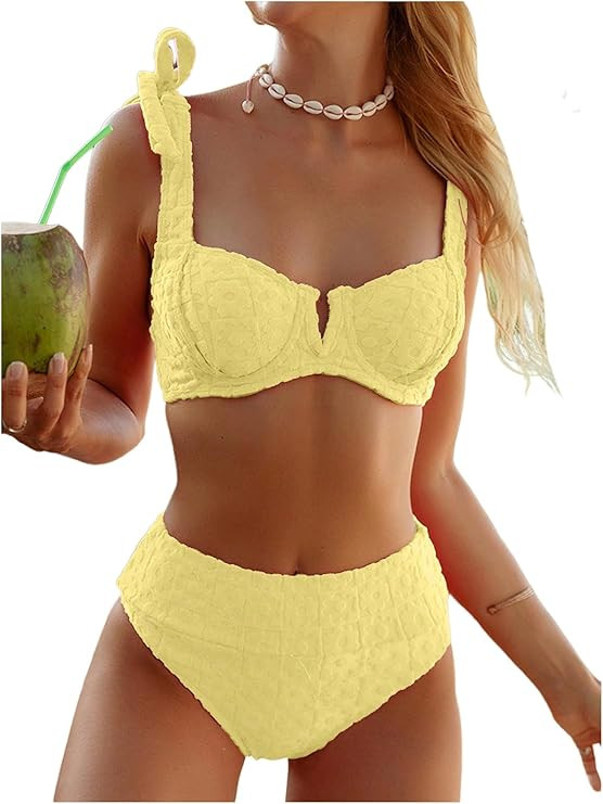 SOLY HUX Women's High Waisted Bathing Suit Tie Shoulder Underwire Summer Swimsuit Bikini Set | Amazon (US)