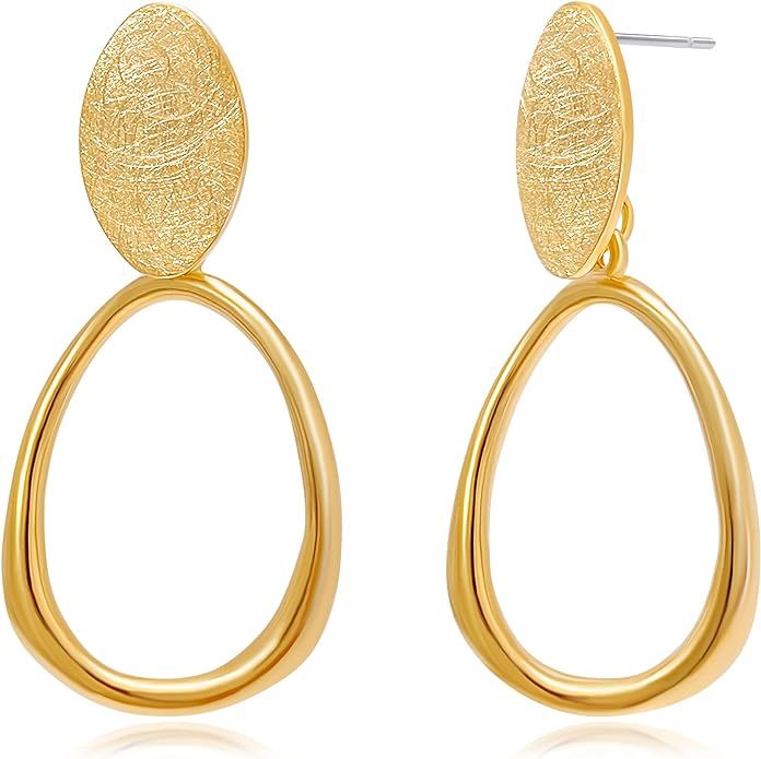 OZEL Gold Dangle Earrings for Women Brushed Finish, Matte Gold Statement Jewelry, 14k Gold Plated | Amazon (US)