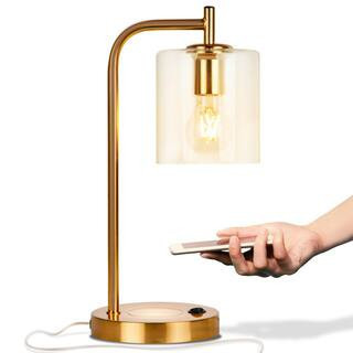 Elizabeth 16 in. Antique Brass Mid-Century Modern LED Desk Table Lamp with Built-In USB Port and Wireless Charging Pad | The Home Depot