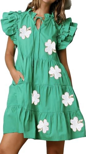 Womens Sequin Patch Babydoll Mini Dress Glitter Sparkle Short Puff Sleeve Tunic Ruffled Tiered Pa... | Amazon (US)