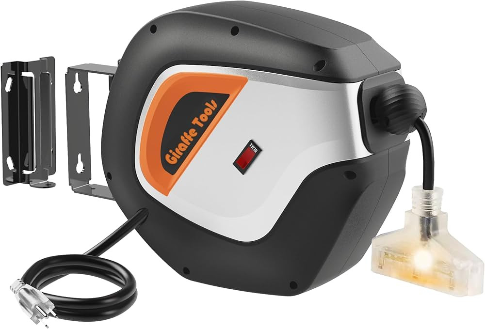 Giraffe Tools Retractable Power Cord Reel, 50ft 12AWG/3C SJT Heavy Duty Extension Cord Storage Re... | Amazon (US)