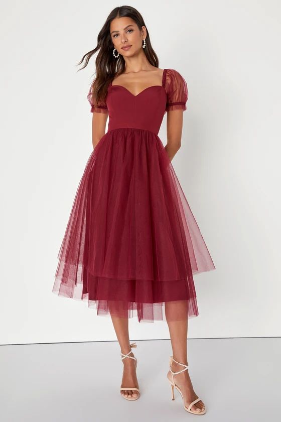 Brightly Beloved Wine Red Tulle Tiered Puff Sleeve Midi Dress | Lulus (US)