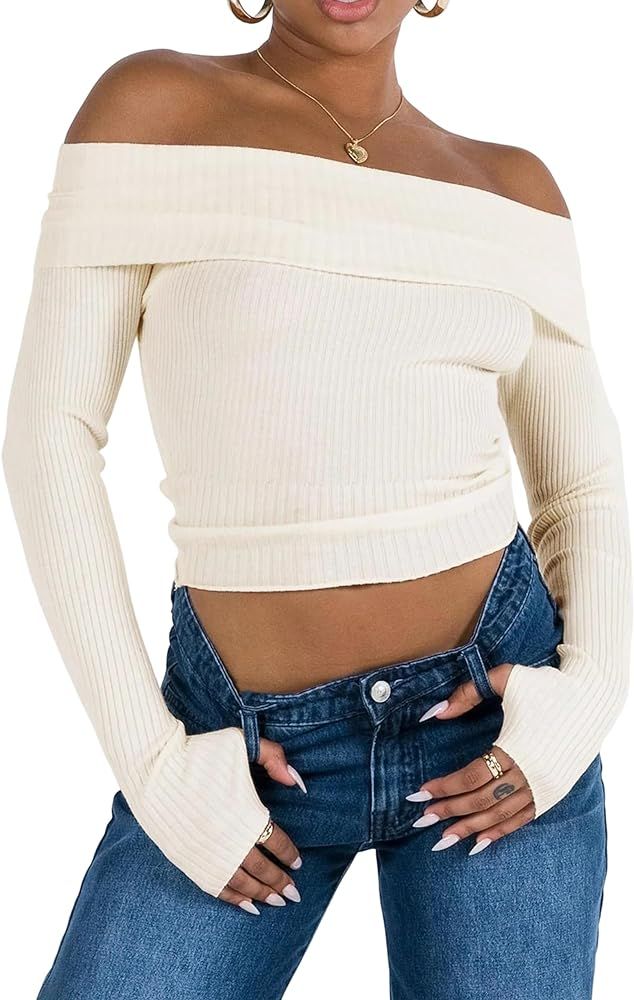 Meladyan Women Sexy Long Sleeve Off Shoulder Crop Sweater Top with Thumb Hole Rib Knit Solid Slim... | Amazon (US)