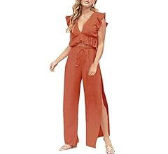 FANCYINN Womens 2 Pieces Outfits Deep V Neck Crop Top Side Slit Drawstring Wide Leg Pants Set Jum... | Amazon (US)