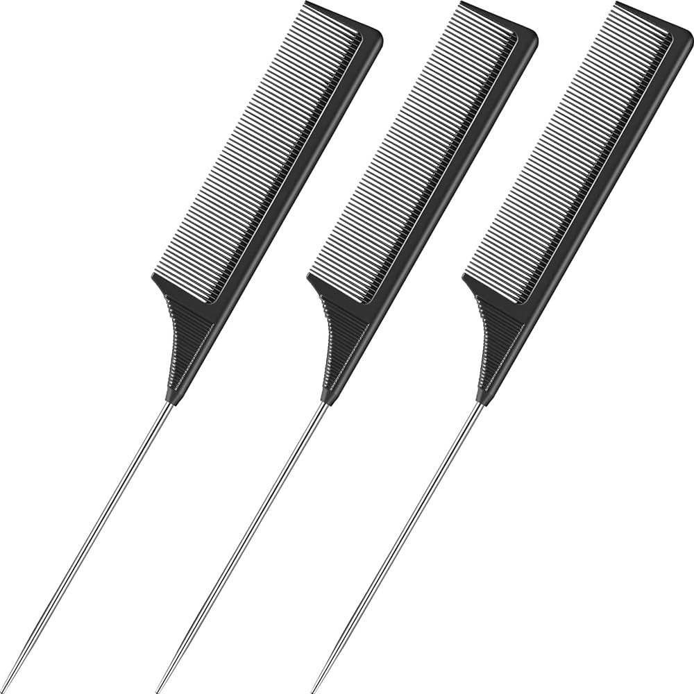 3 Packs Rat Tail Comb Steel Pin Rat Tail Carbon Fiber Heat Resistant Teasing Combs with Stainless... | Amazon (US)