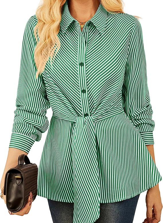 GRACE KARIN Peplum Tops for Women Tie Front Striped Button Down Shirt Collared Long Sleeve Busine... | Amazon (US)