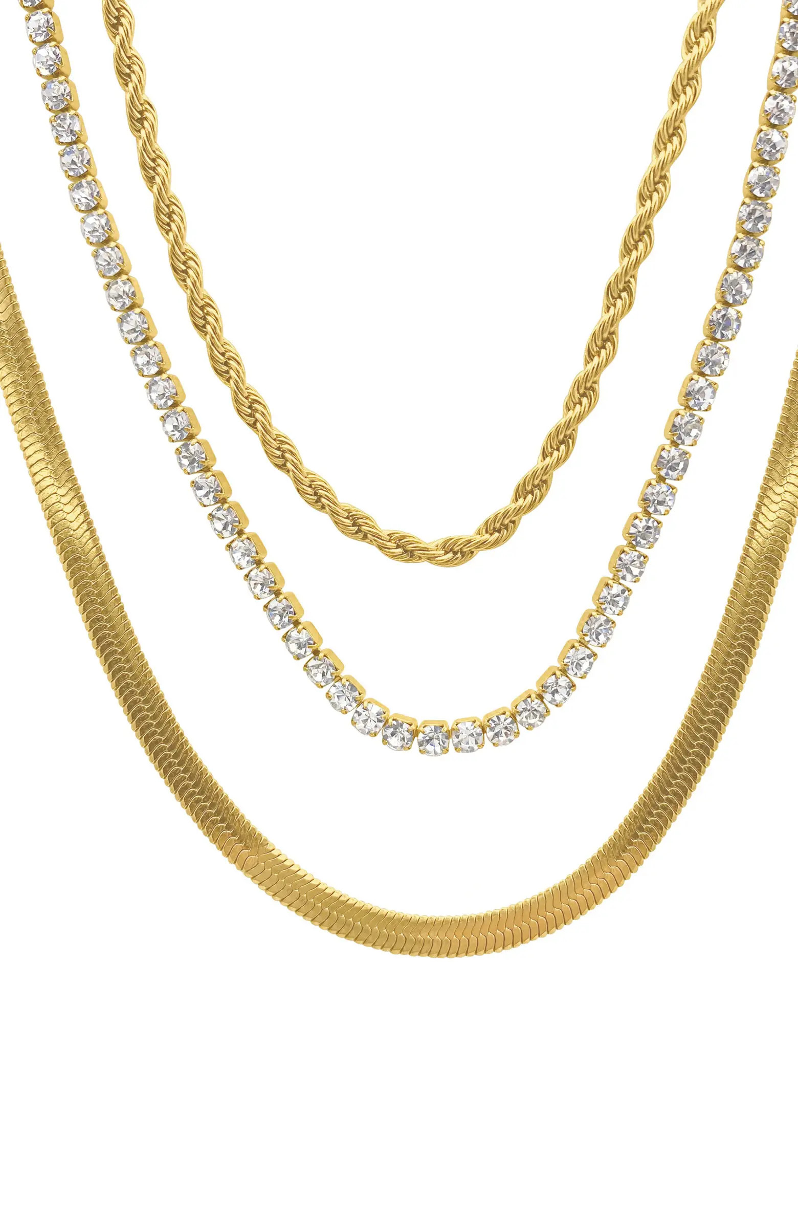 Adornia Water Resistant 14K Yellow Gold Plated Herringbone, Rope, & Tennis Chain Necklace Set | N... | Nordstrom Rack