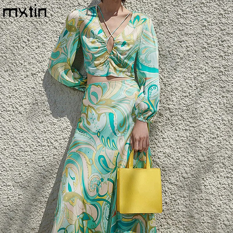 MXTIN 2021Women Fashion Print Short Blouses Vintage V Neck Long Sleeve Beach Style Female Shirts ... | AliExpress (US)