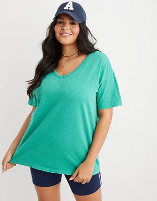 Aerie Distressed V Neck Oversized Boyfriend T-Shirt | American Eagle Outfitters (US & CA)