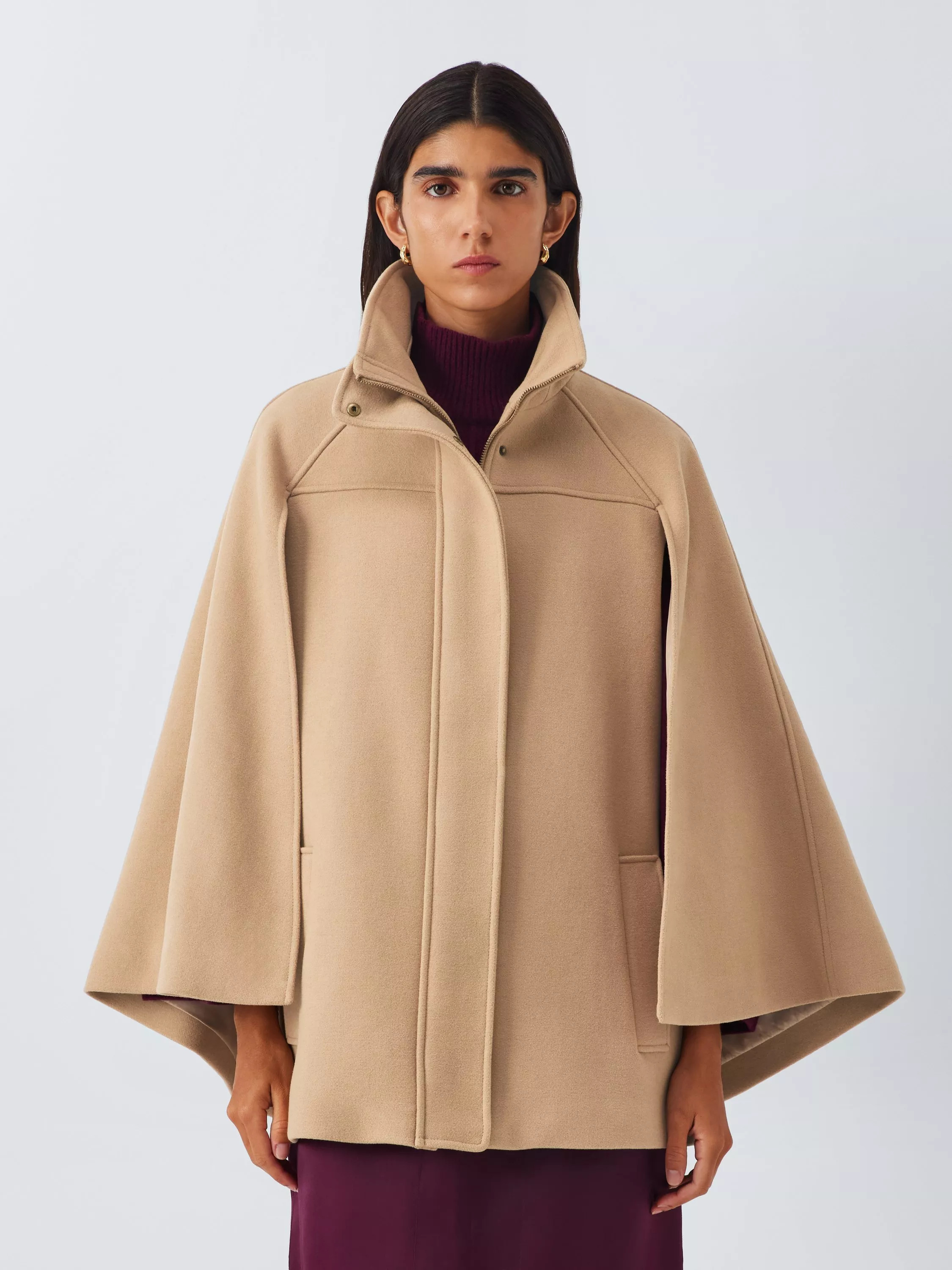 John Lewis Wool Blend Funnel Neck Cape Jacket, Camel | John Lewis (UK)