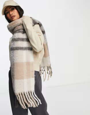 Topshop recycled brushed oversized plaid scarf in neutral | ASOS (Global)