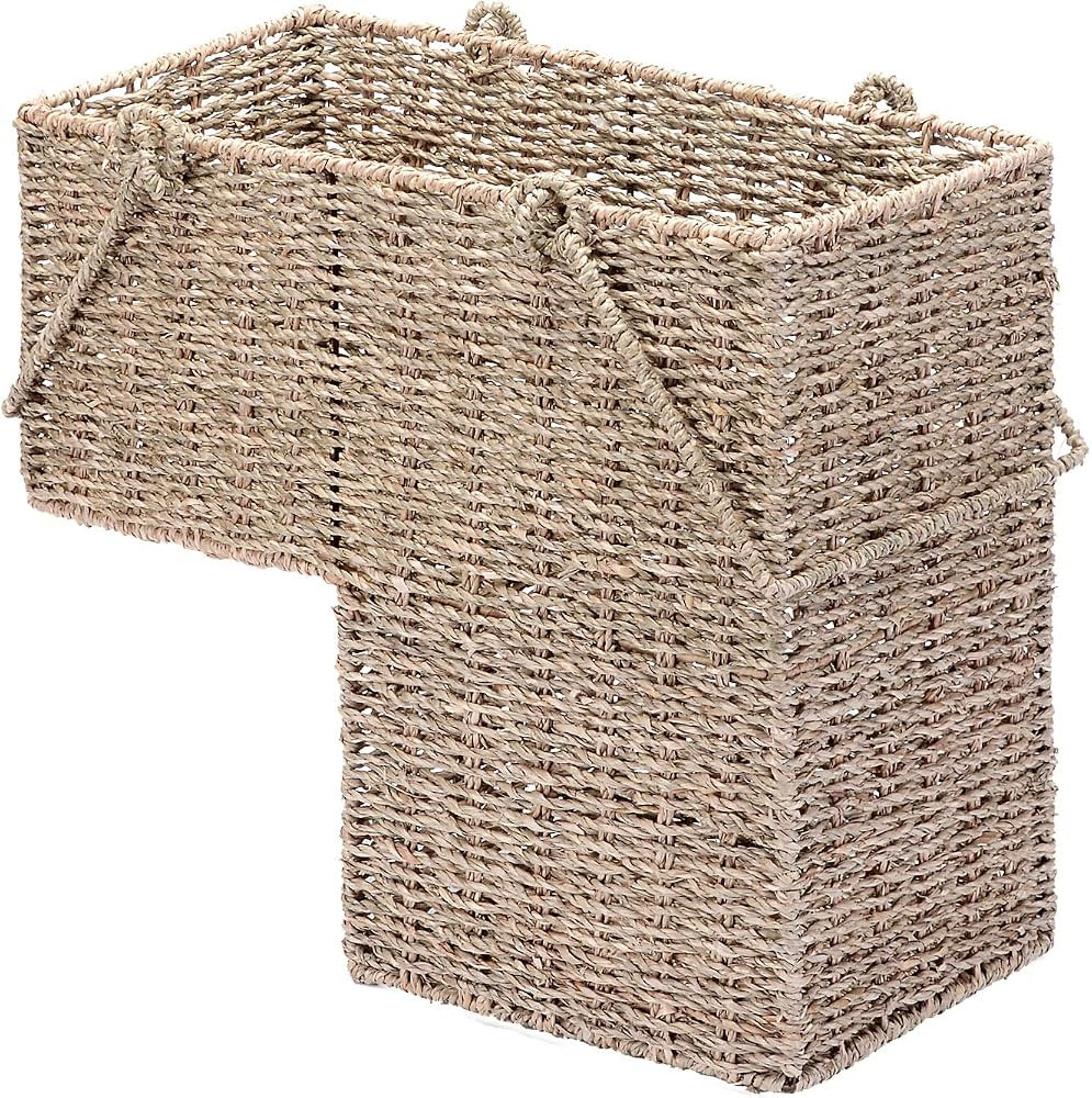 14-Inch Wicker Staircase Basket with Handles - Handmade L-Shaped Woven Seagrass Stair-Style Stora... | Amazon (US)