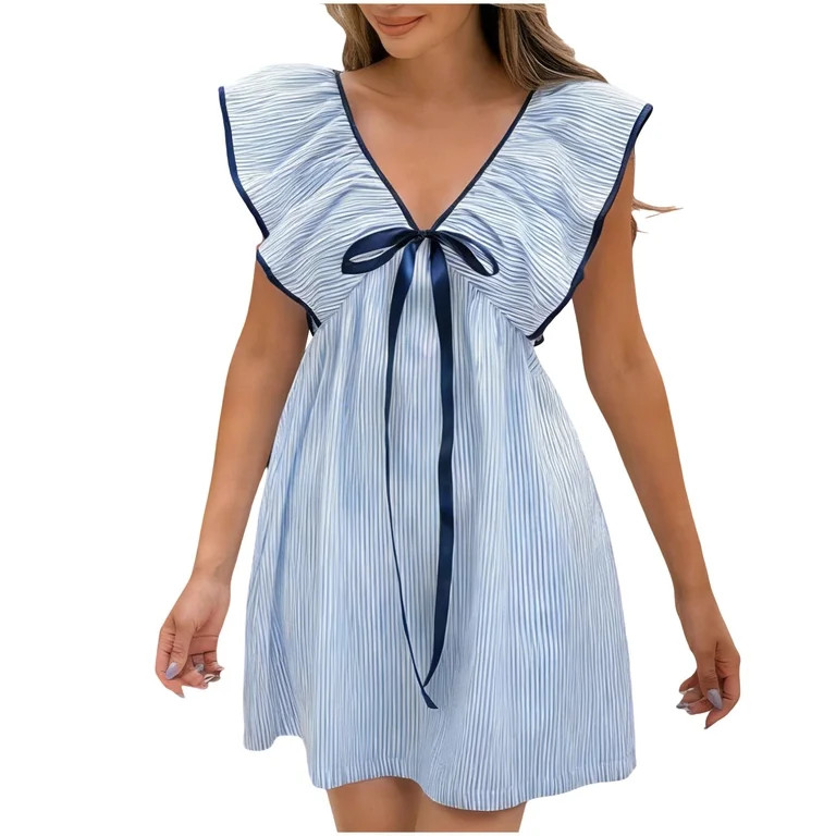 Mifsaly Summer Dresses for Women 2026 Deep V-Neck Ruffled Sleeve Striped Mini Dress Tie Front Goi... | Walmart (US)