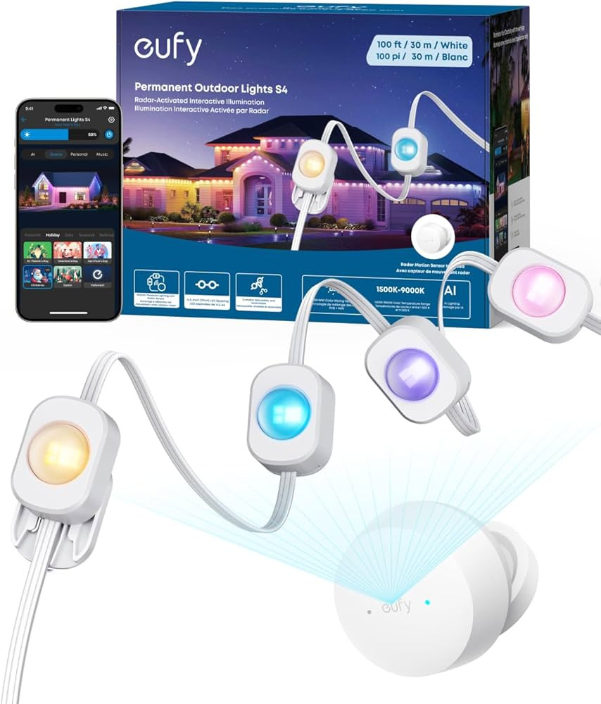 eufy Permanent Outdoor Lights S4, 3D Radar-Activated, 100ft with 72 LED Lights, Smart RGBWW for H... | Amazon (US)