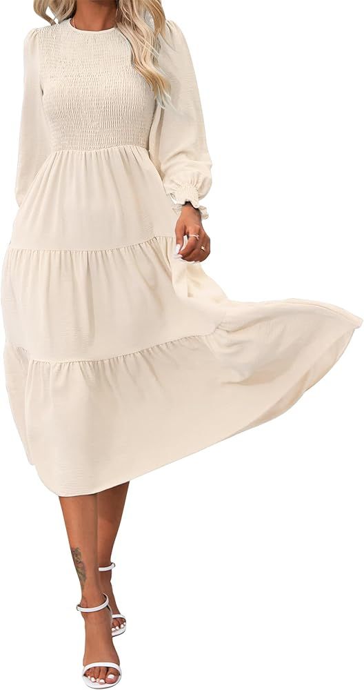 PRETTYFATE Midi Dress for Women Long Sleeve Crewneck Casual Dress Flowy Ruffle Tiered Dresses | Amazon (US)