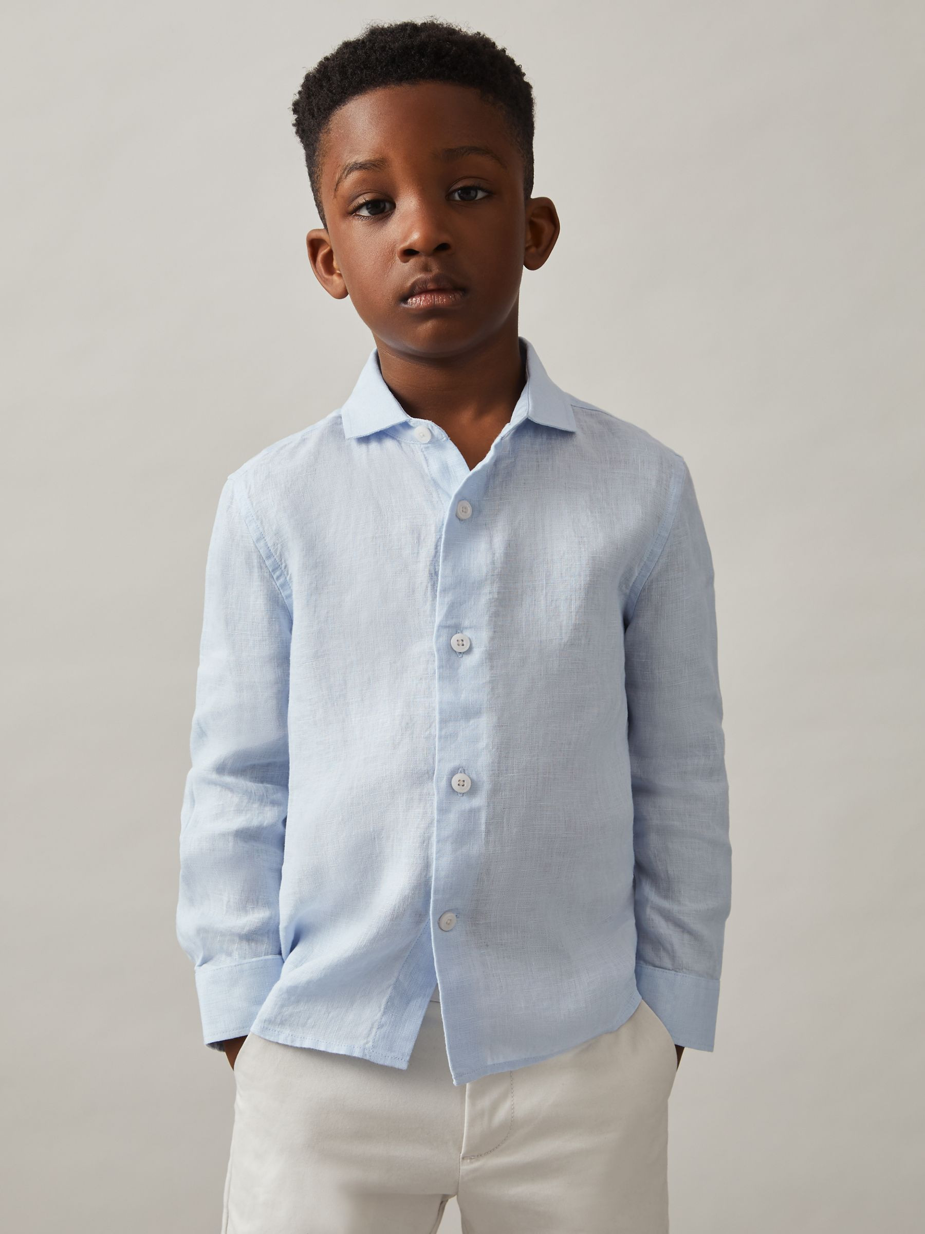 Reiss 3-9 yrs Linen Cutaway Collar Shirt in Pale Blue - REISS | Reiss UK