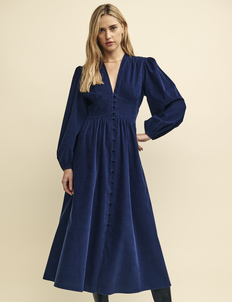 Navy Cord Starlight Long Sleeve Midaxi Dress | Nobody's Child