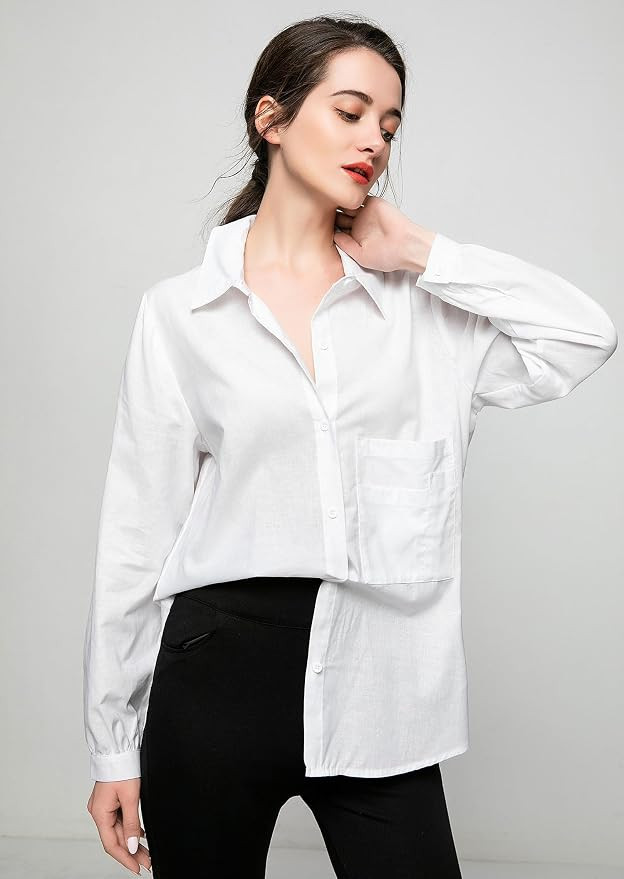 Minibee Women's Long Sleeve Shirts Button Down Blouse Cotton Tunic High Low Tops | Amazon (US)