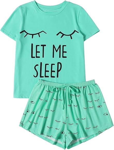 Women's Sleepwear Closed Eyes Print Tee and Shorts Pajama Set | Amazon (US)